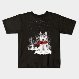 Christmas Husky With Scarf In Winter Forest Kids T-Shirt